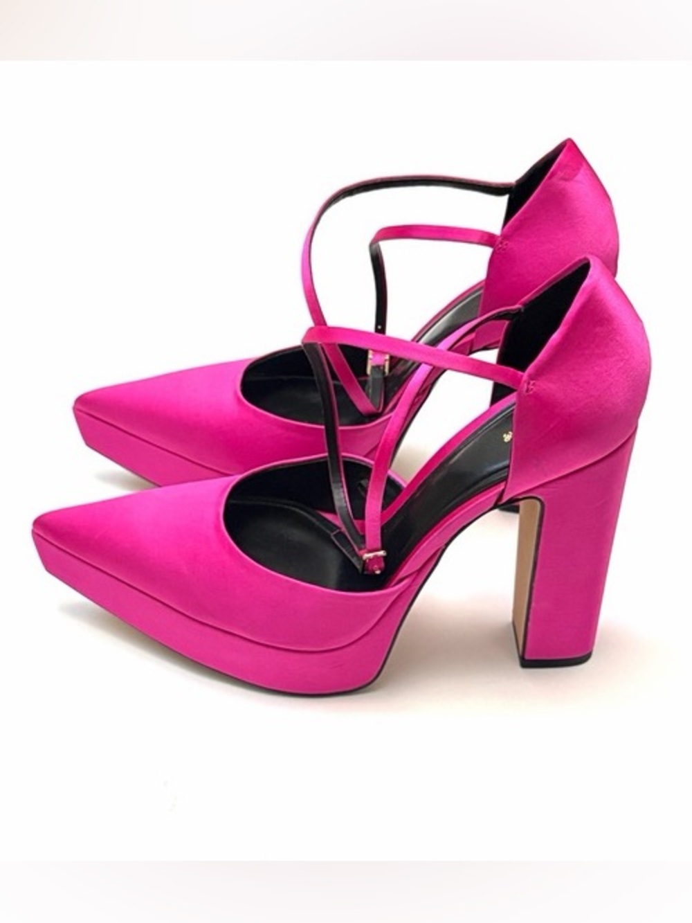 Zara Fuchsia Satin Pointed-Toe Crisscross Block Heels